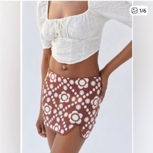 Urban Outfitters Brown and Cream Floral Knit Mini Skirt
